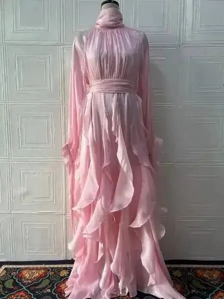 Early Autumn Turtleneck Lantern Sleeves Shinny Ruffles Pullover Floor Length Vacation Dress High Waist Female Vestido — image 4