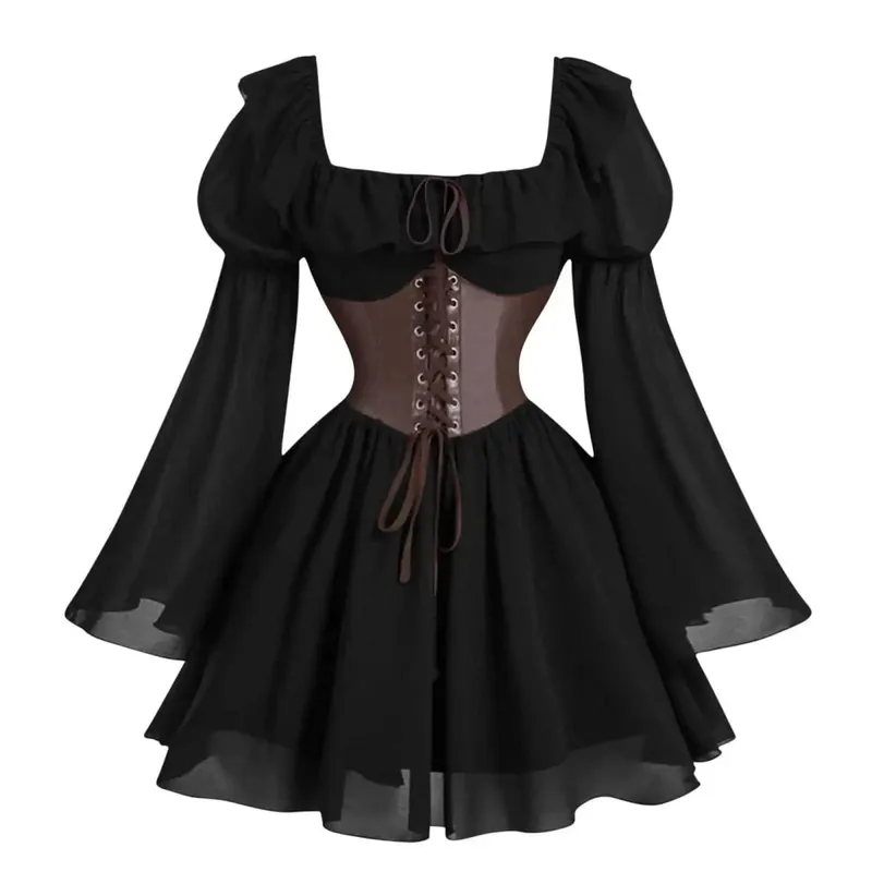 Zaman Renaissance Abad Pertengahan Baru Lengan Panjang Wanita Bubble Sleeve Dress Halloween Fesyen Retro Parti Baharu Skirt Pinggang