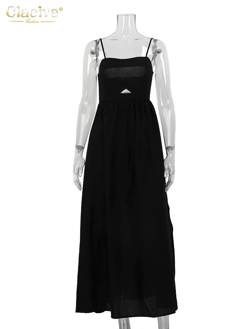 Clacive Sexy Loose Black Cotton Womens Dresses 2024 Summer Strap Sleeveless Ankle Length Dress Elegant Hollow Out Female Dress — image 5
