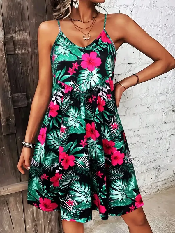 Summer Vacation Style Print V-Neck Spaghetti Strap Dress Camisole Dress for Vacation Outfits Bohemia Dresses for Women Summer — image 7