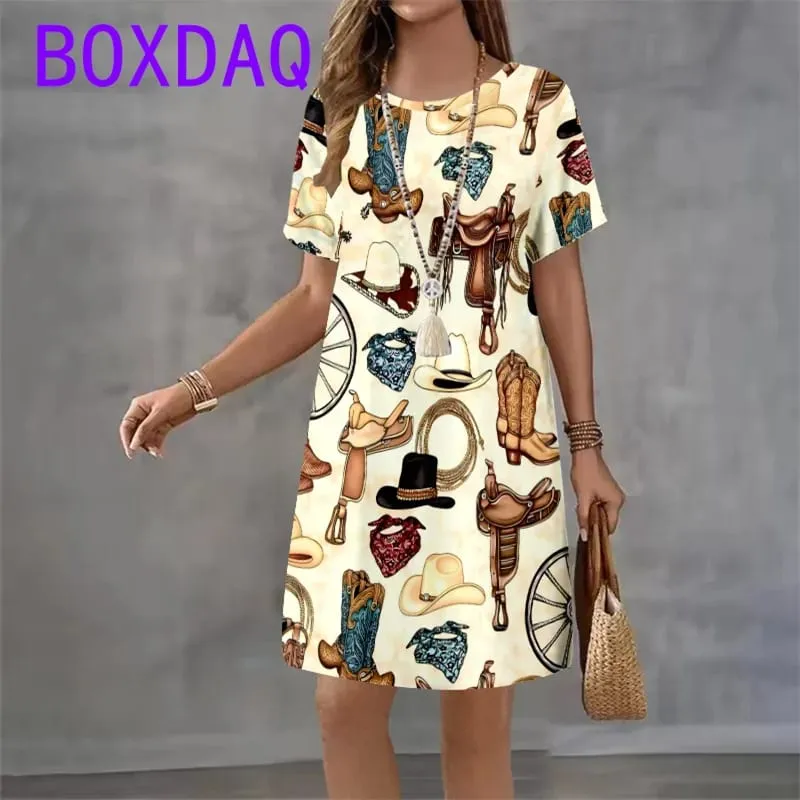 2025 New Women's Dresses Graphic Print Elegant Beautiful Mini Dresses Female Summer Loose Short Sleeve O-Neck Print A-Line Dress