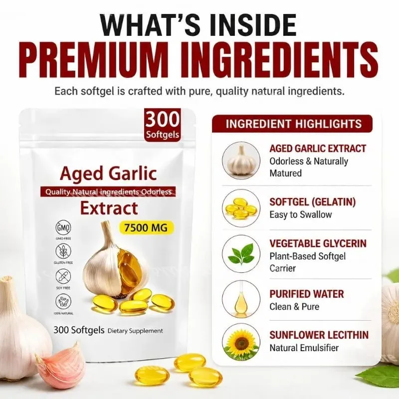 Capsule molli di estratto di aglio invecchiato Supporto per l'equilibrio immunitario inodore Formula quotidiana ricca di antiossidanti 7500 Mg Vitalità cardiaca 300 capsule molli — image 2