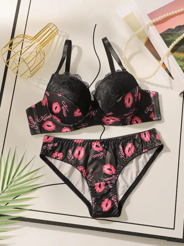 High Quality Printed Patchwork Lace Sexy Lingerie Set For Women's Push Up Bras With Steel Ring Underwear A2174