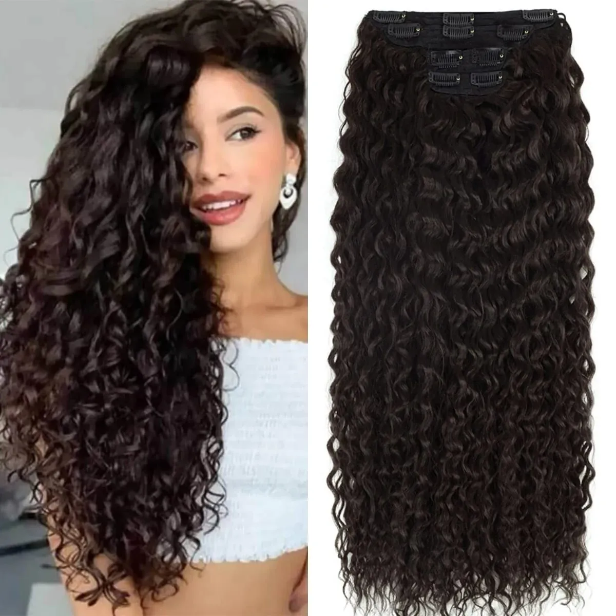 Synthetic Kinky Curly Clip-in Hair Extensions 26'' Super Long Water Wave Clip In Hair 160-200grams 4 Pcs Full Head Hair Pieces — image 2