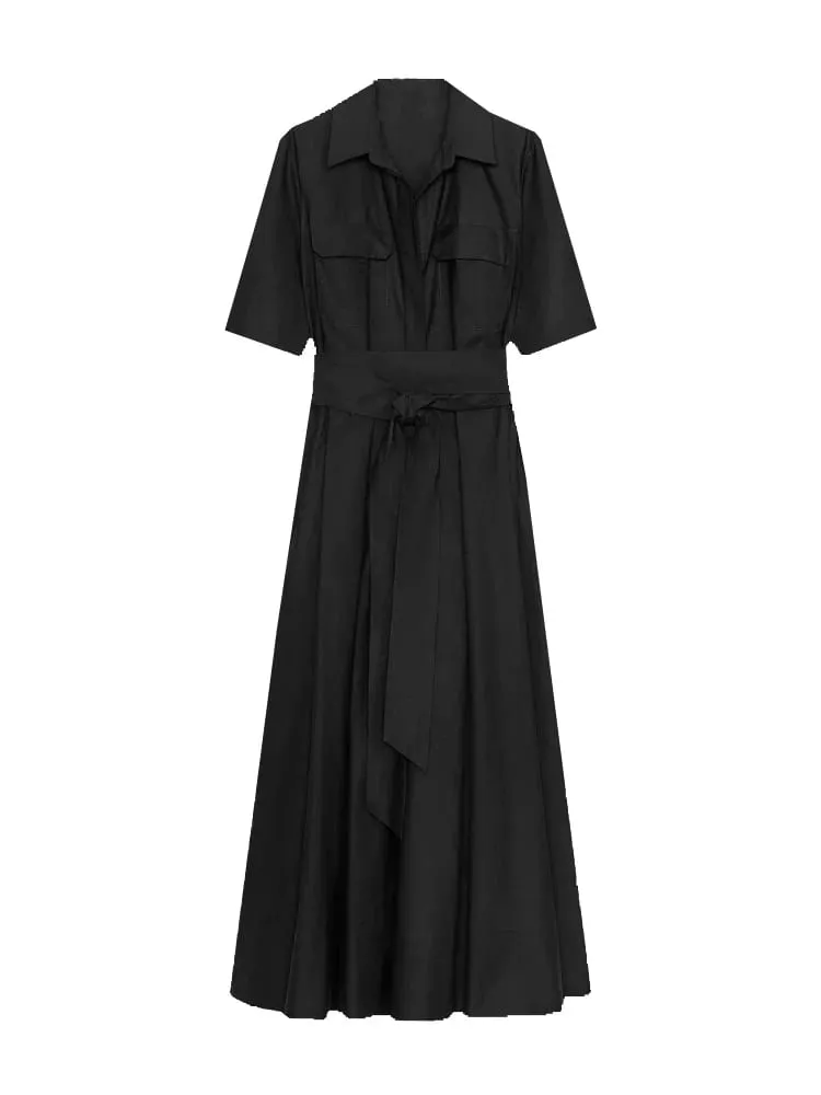 Chic Solid Short Sleeve Lapel Long Dress For Women Elegant Single Breasted Waist Maxi Dress Lady Holiday Evening Party Vestidos — image 6