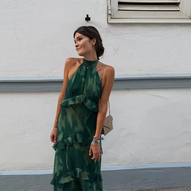 Blomstertryk Halter Neck Cutout Maxikjole Tiered Flæser Ærmeløs 2026 Sommer Kvinder Feriekjole Mode Boho Lady Vestido