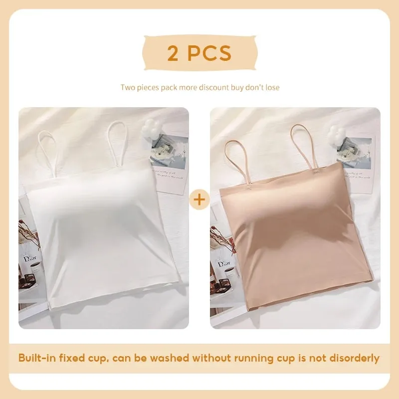 FallSweet 2PCS/set Summer Girls Ice Silk Camisoles Non-wire Bra Tanks Tops Comfort Soft Invisible Underwear Sexy Female Lingerie