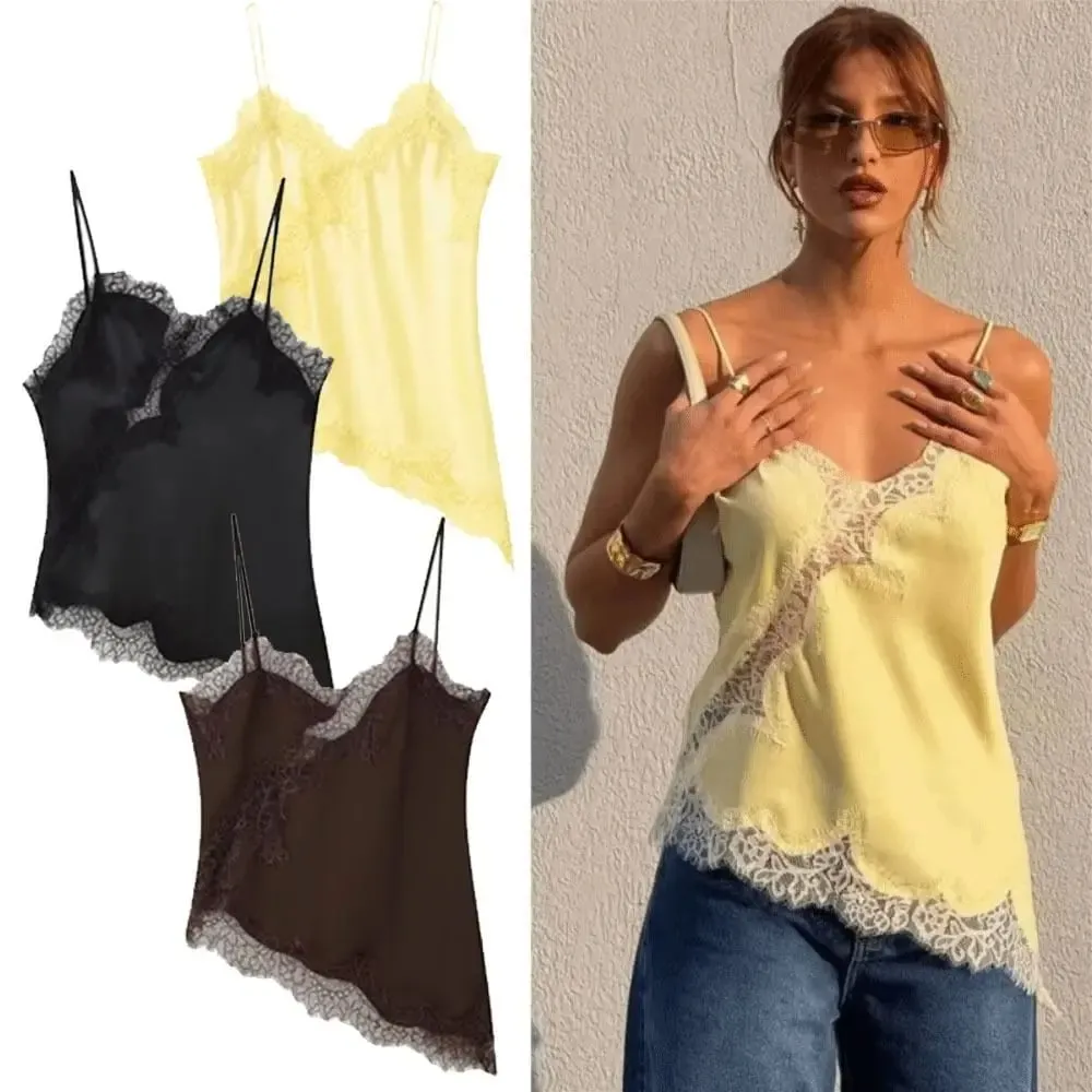 Elegantní asymetrický krajkový patchworkový top bez rukávů košilka bez zad s výstřihem do V sexy krajka dámské tílko letní oblečení — image 4