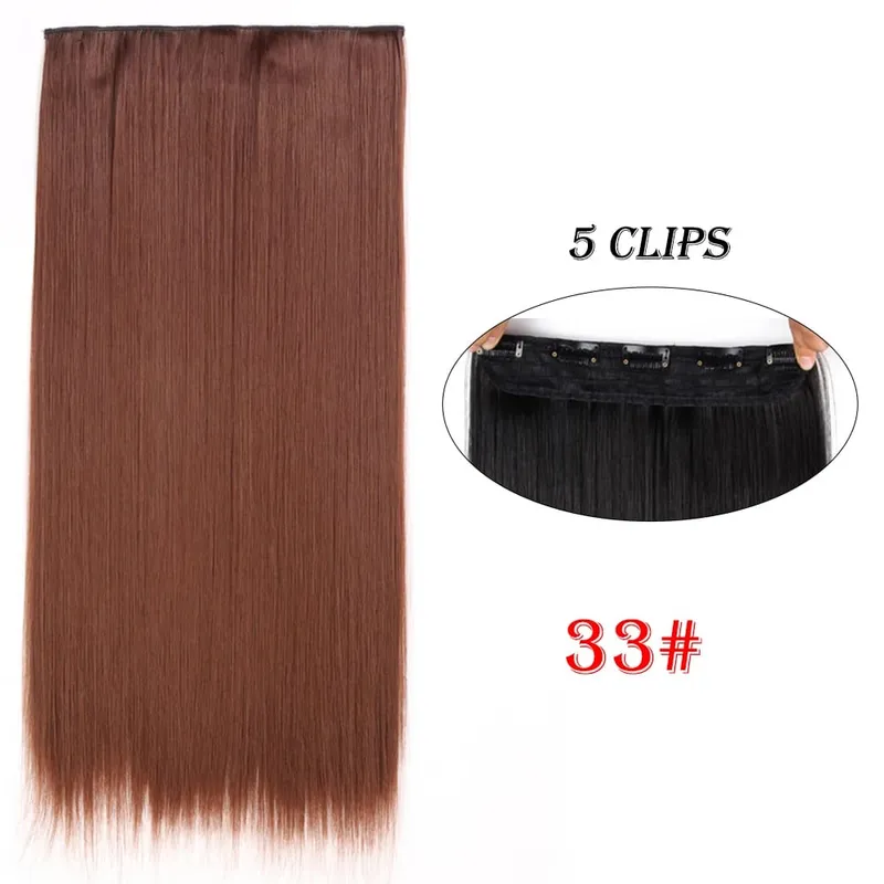 One Piece Clip In Hair Extensions 24" Straight Thick Synthetic Clip In Hairpieces Highlights Black Brown Soft For Women Daily