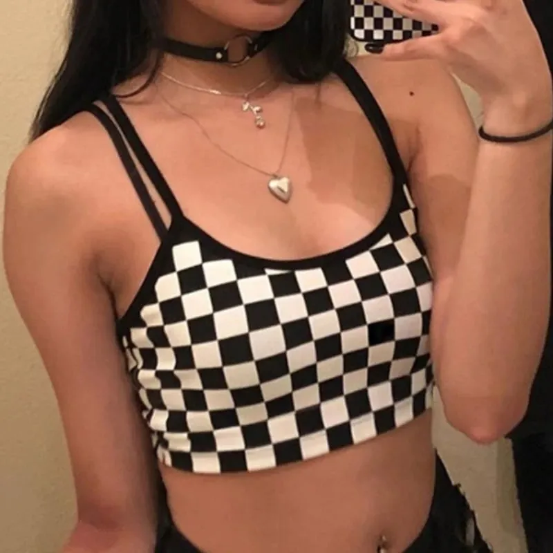 Black Red Plaid Checkerboard Tank Top Halter Women Bare Midriff Crop Tops Camis Fashion Tube Top Female Sleeveless Cropped Vest — image 2