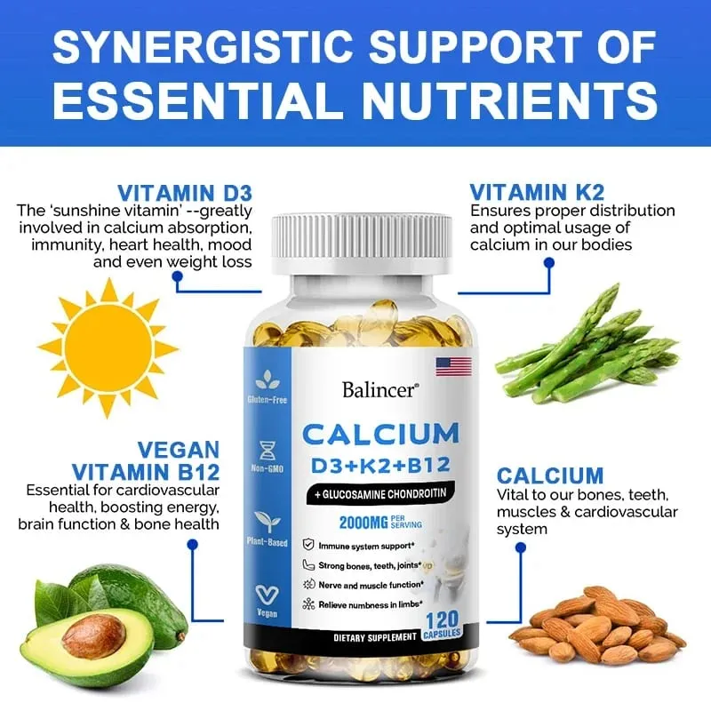 Balincer Vitamin D3+K2+B12 2000mg Capsules for Bone Immune and Calcium Support 120 Capsules Non-GMO