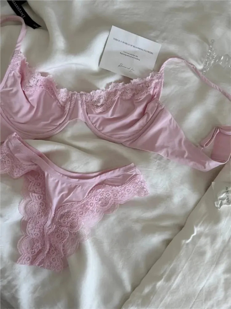 Rosafarbenes, ungefüttertes Vollschalen-BH-Set, Bügel, Spitzenbesatz, Lift, bequem, minimalistisch, nahtlos, hautfreundlich, Alltags-BHs und Höschen — image 1