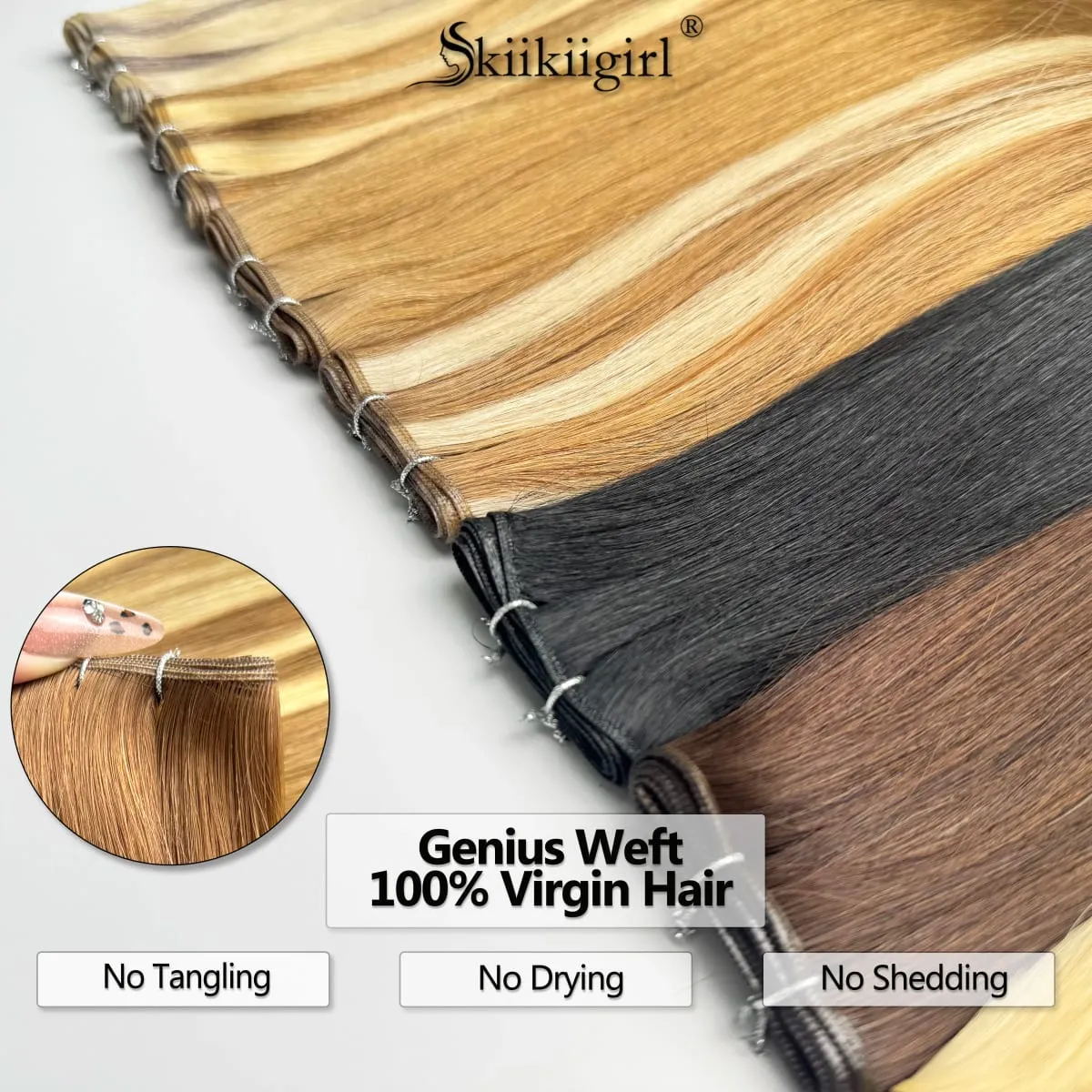 Genius Weft Human Hair Extensions 100G Double Drawn Blonde Bundles Invisible Straight Virgin Hair Weft Full End Top Quality — image 3