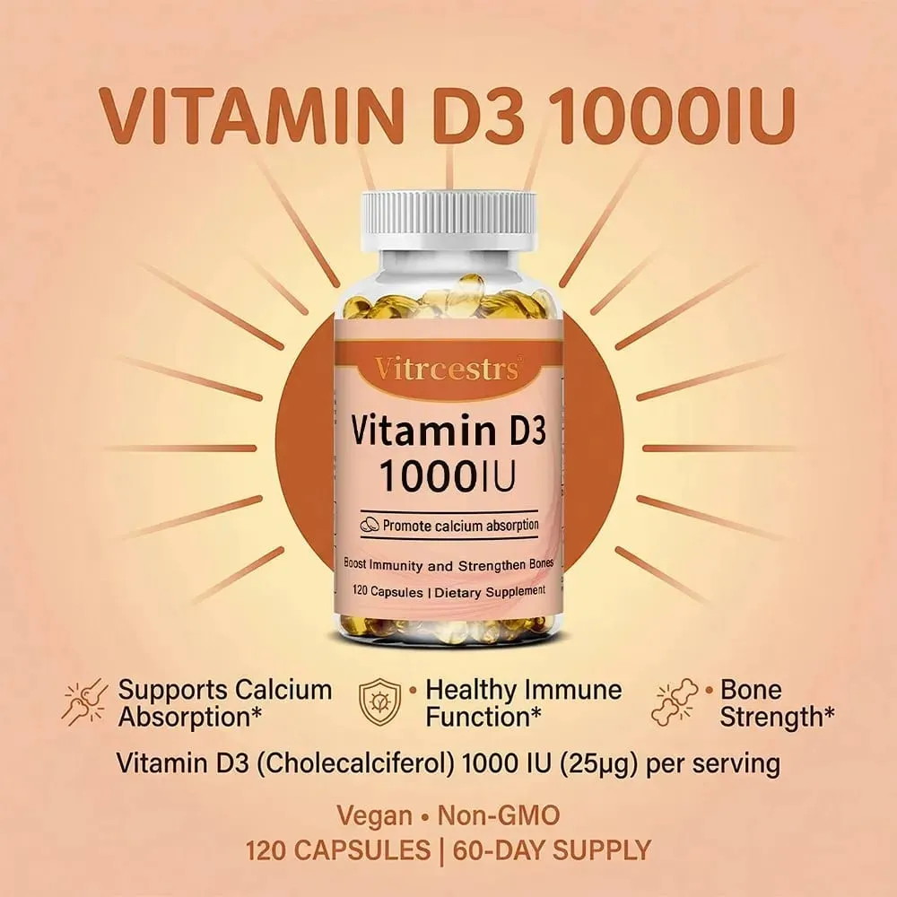 Vitamin D3 1000iu untuk Sokongan Imun Fungsi Otot yang Sihat dan Kesihatan Tulang - 120 Kapsul Sayuran Bebas Gluten Bukan GMO