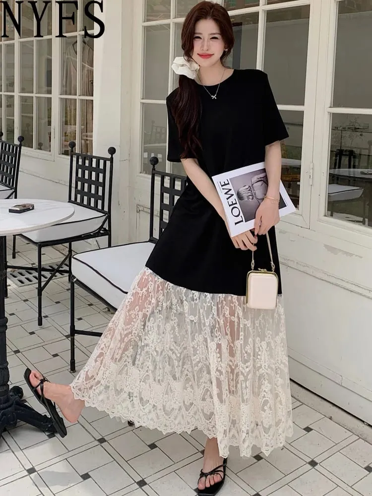 plus Size Women's Lave Patchwork Dress Summer 2026 Loose Long Dresses Robe Elbise Short Sleeve Korean Style Floral Hem — image 1
