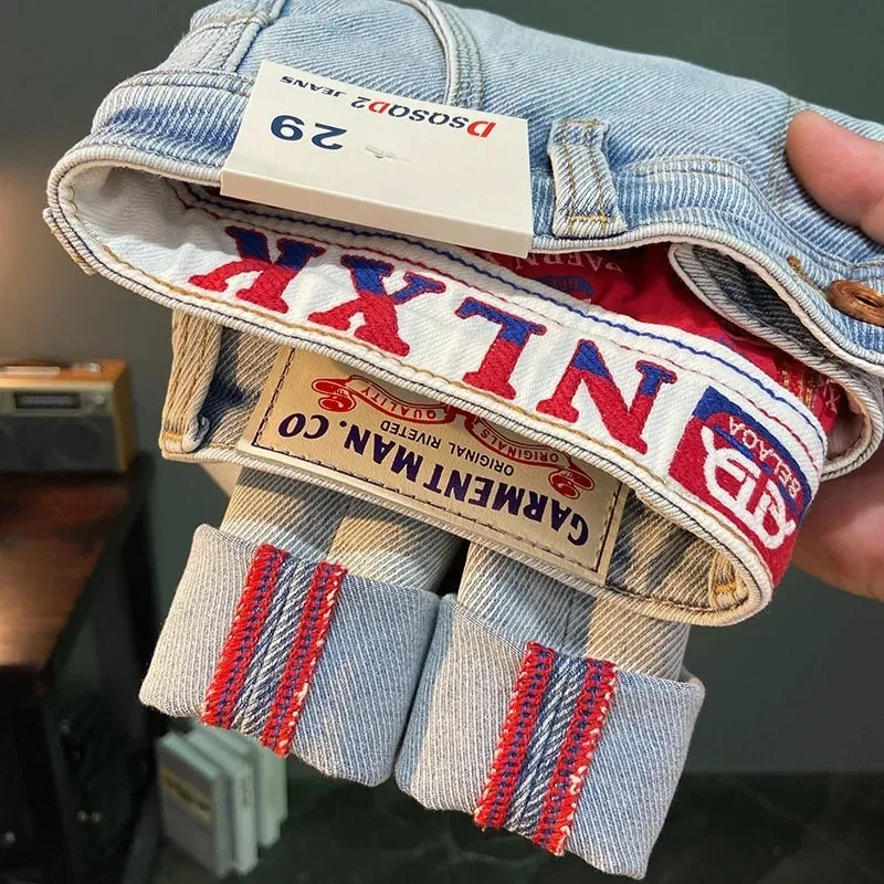 Printed Embroidered Summer Trendy Brand Jeans for Men Light Blue Elastic Slim Fit Small Feet Thin Pants — image 11