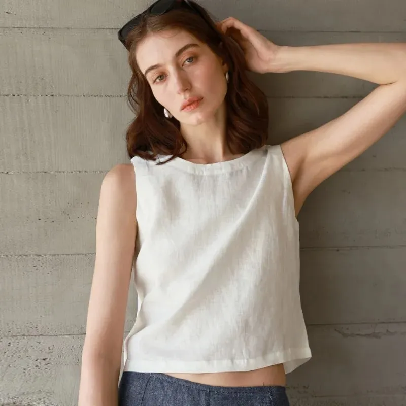 Chic Front And Back Two Wear Women Linen Tank Top 2026 Summer New Casual Short Loose 100% Linen Sleeveless Crop Tops — image 4