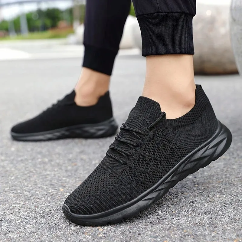 Herren-Mesh-Strick-Wanderschuhe ohne Schnürung, elastische Slip-On-Sneaker, atmungsaktiv, leicht, lässig, Sportschuhe