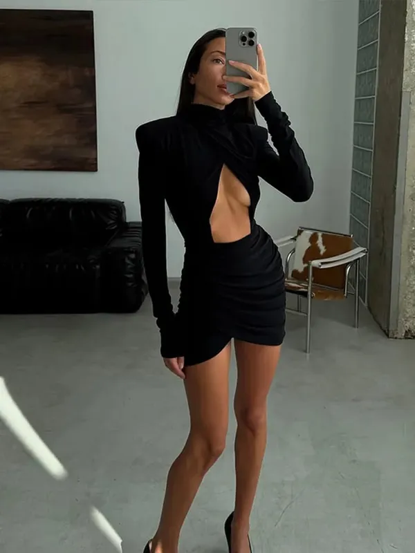 Mini vestido liso de corte en A con una hilera de botones, Vestidos elegantes de cintura alta con cuello en V y manga larga para mujer, Vestidos de calle para ir al trabajo 2026