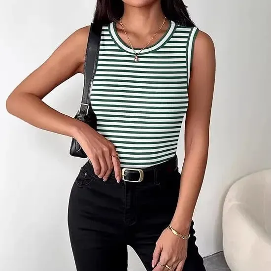 Women Striped Ribbed Tank Top 2026 Summer Casual Sleeveless Round Neck Slim Fit Vest Female Daily Streetwear Basic Undershirt