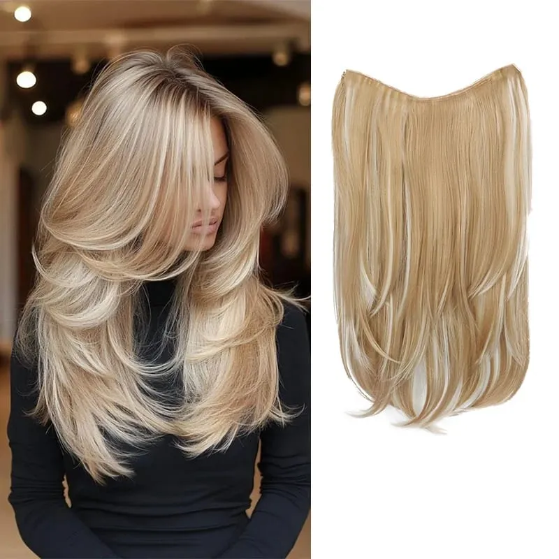 Synthetic Long Straight 22Inch Layered Clip-in Hair Extension V-shaped Black Blonde Invisible Hairpiece for Women Party Girl — image 6