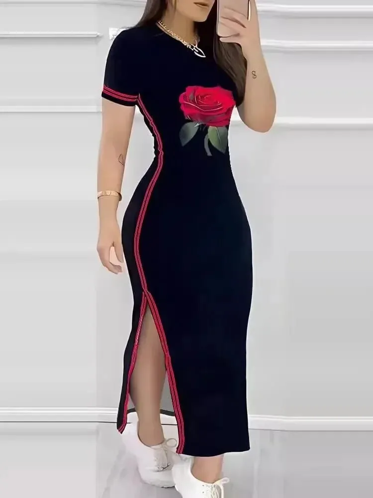 2025 Striped High Slit Casual Dress Women Sport Solid Color Short Sleeved Ankle Length Dress Ladies O Neck Rose Print Dresses — image 2