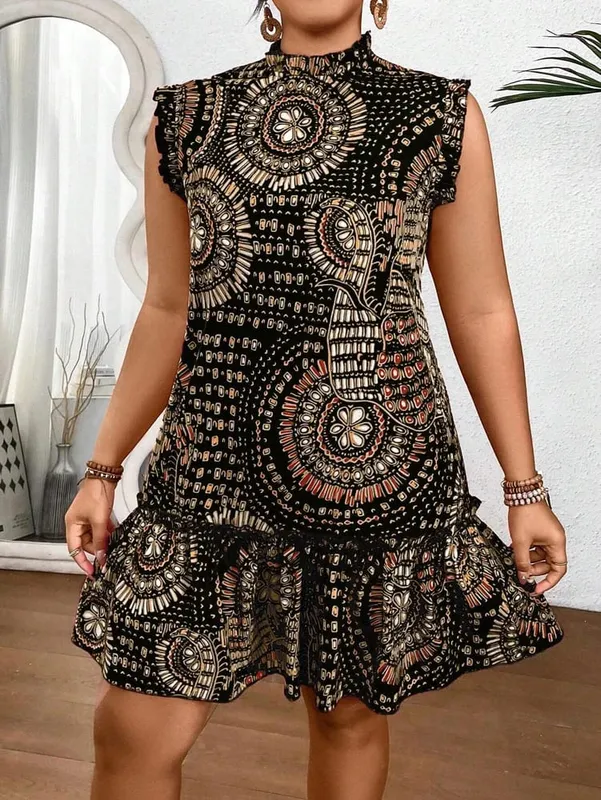 Plus Size 2025 Summer New Women's Elegant Slim Fit Short Sleeve Dress - Black Gold and Red Paisley Print Ruched Hem Round Neck — image 7