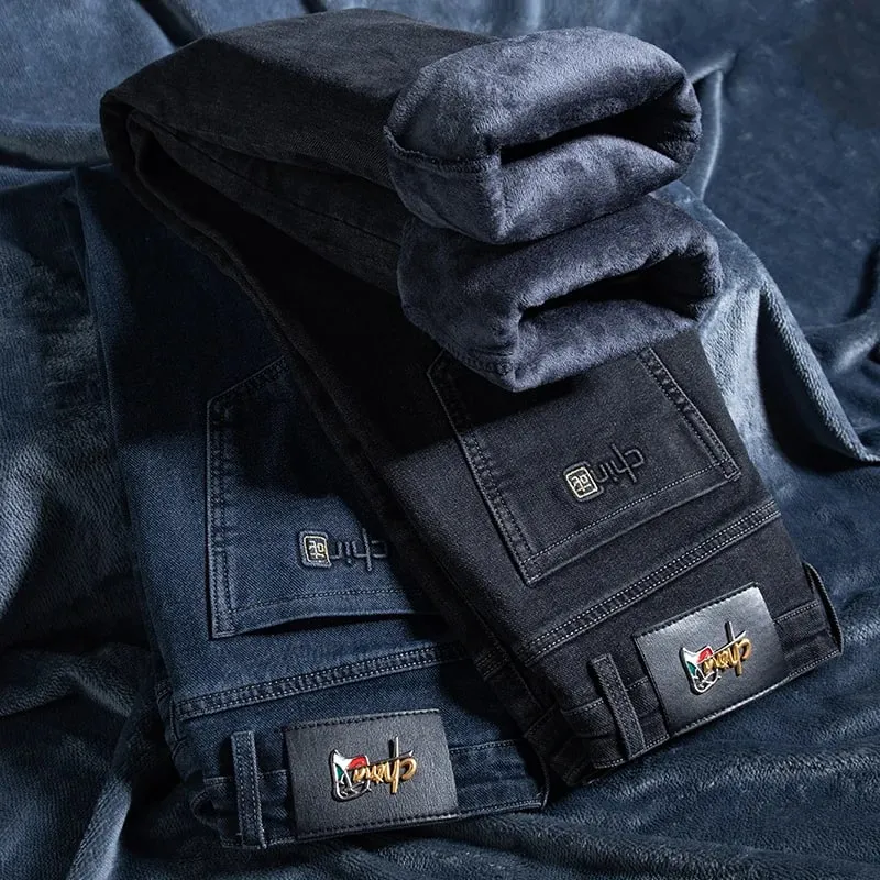 Winter Fleece Warm Men's Jeans Straight Stretch Classic Business Casual Thicken Denim Trousers Washed Fashion Velvet Male Pants