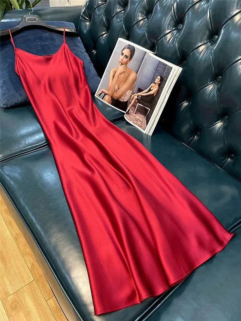 Women Slip Dress Satin Sleeveless V-Neck Solid Silk Elegant Vintage Lady 2026 Summer Female Long Spaghetti Strap Dresses Vestido — image 3