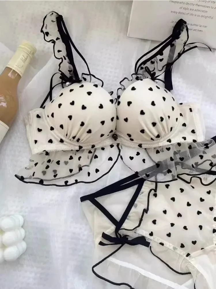Simple Light Luxury Love Printed Lace Underwear Set Women's Small Breasts Gather Sexy Pure Desire Sweet Bra Cute Bra — image 2