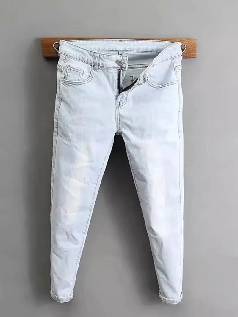 2000’s Clothes Men's Light-colored Jeans 2025 New Spring Autumn Slim Cargo Light Blue Pants Trendy Brand Work Elastic Trousers — image 2