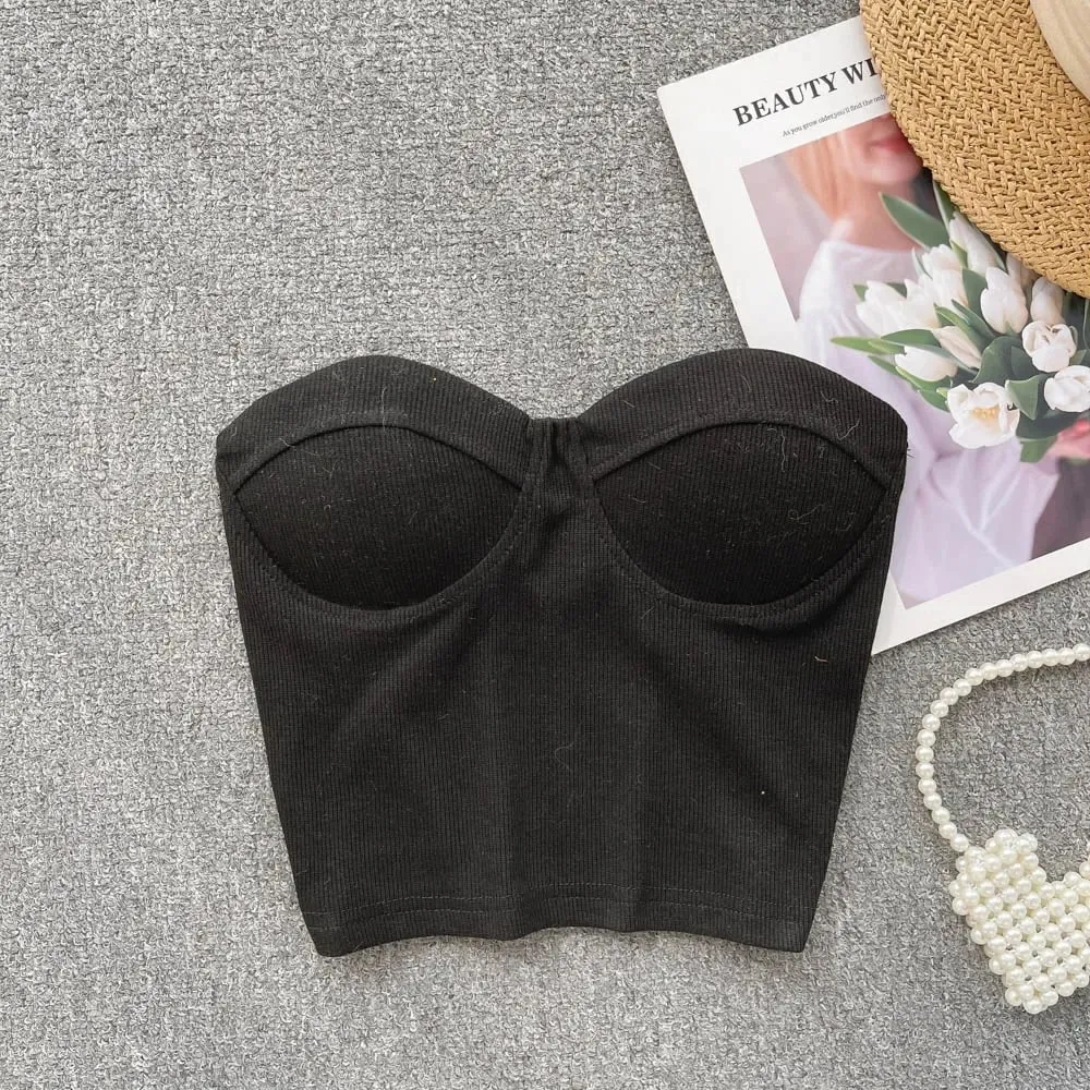 Strapless Western Style Skinny Tanks Camis for Women Summer Casual Solid Colours Female Corset Crop Tube Tops with Built In Bras