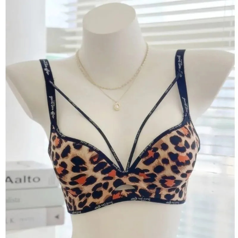 Cetakan Leopard Bergaya Pakaian Dalam Tanpa Wayar Lancar Nipis Selesa Kumpul Payudara Kecil Bentuk Payudara Cantik Pakaian Kasual Lembut S-XL — image 5