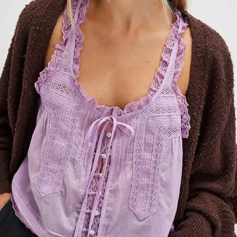 Y2K Button-up Lace Trim Patchwork Cami Tops Loose Fit Round Neck Vest Sleeveless Outwear Gilet Crop Tank Tops for Women — image 10