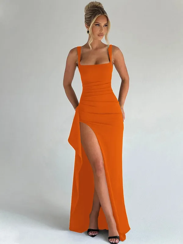 Hugcitar Women Elegant Solid Straps Slit Ruched Patchwork Sexy Bodycon Maxi Dress Summer Outfits Evening Party Birthday Festival