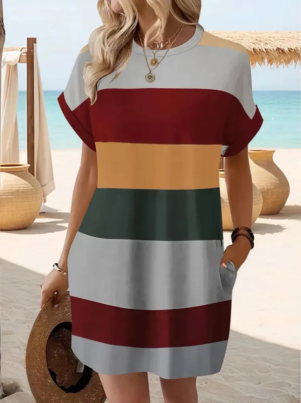 Robe Chic Grande Taille : Rayures élégantes, Manches Enroulables, Poches - Robe Femme Confortable et Décontractée — image 4