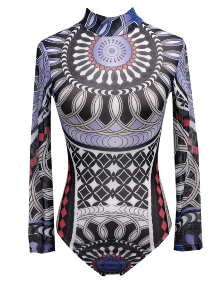 Women Mesh Bodysuits Vintage Ethnic Printed Long Sleeve Leotard Body Top See Through Sexy Club Overalls Shirts — image 3