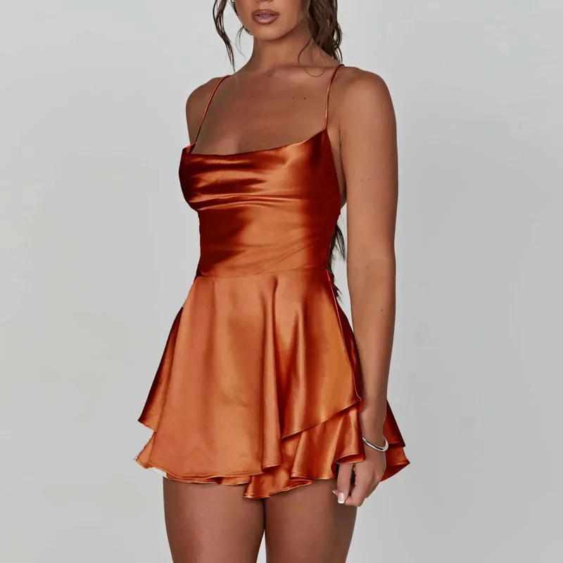 Satin soie femmes Sexy Cami combishorts robe solide col bénitier sans manches combinaisons courtes été croix cravate dos nu barboteuse — image 10