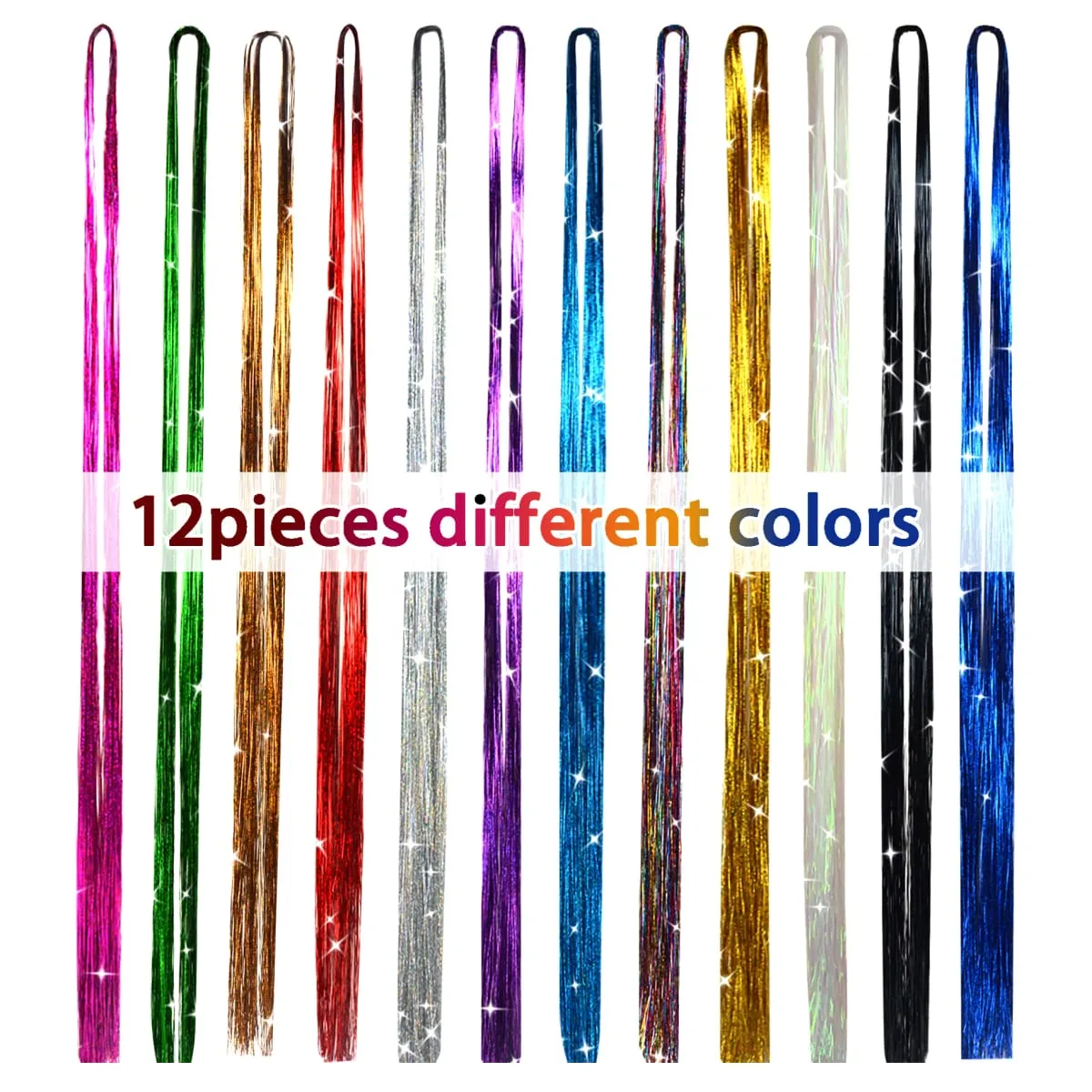 47 Inches Shiny Hair Tinsel 200 Strands/Pack Sparkle Glitter Hair Extensions Tool for Braiding Women Girls Hair Accessories — image 5