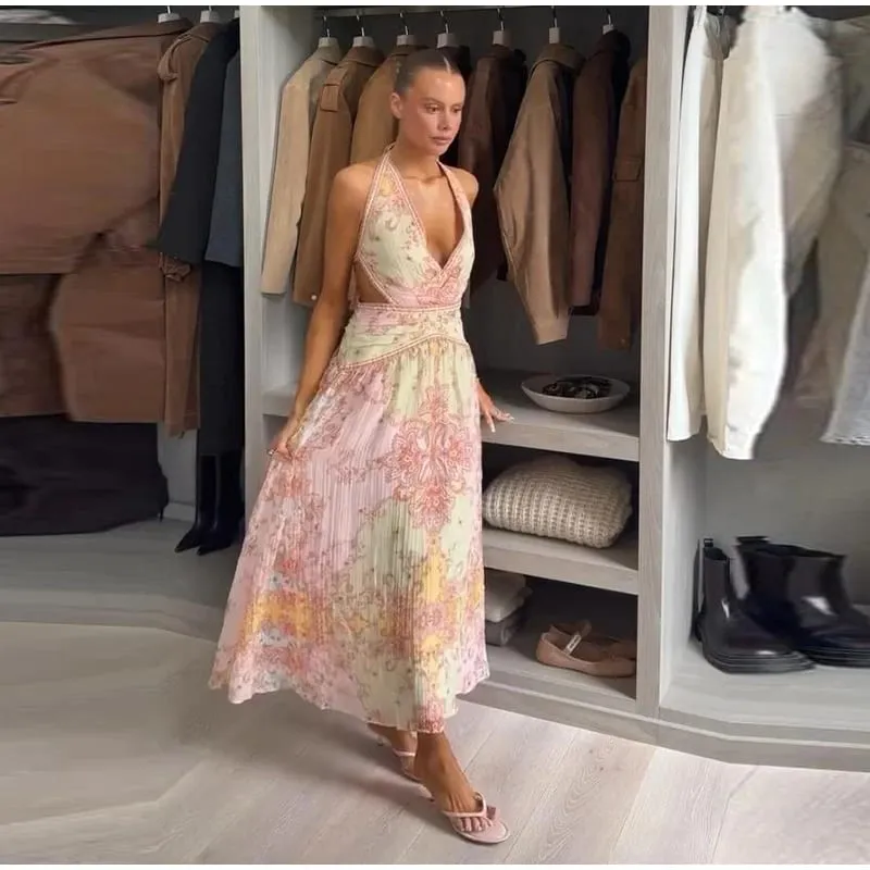 Blomstertryk Halter Neck Cutout Maxikjole Tiered Flæser Ærmeløs 2026 Sommer Kvinder Feriekjole Mode Boho Lady Vestido — image 11