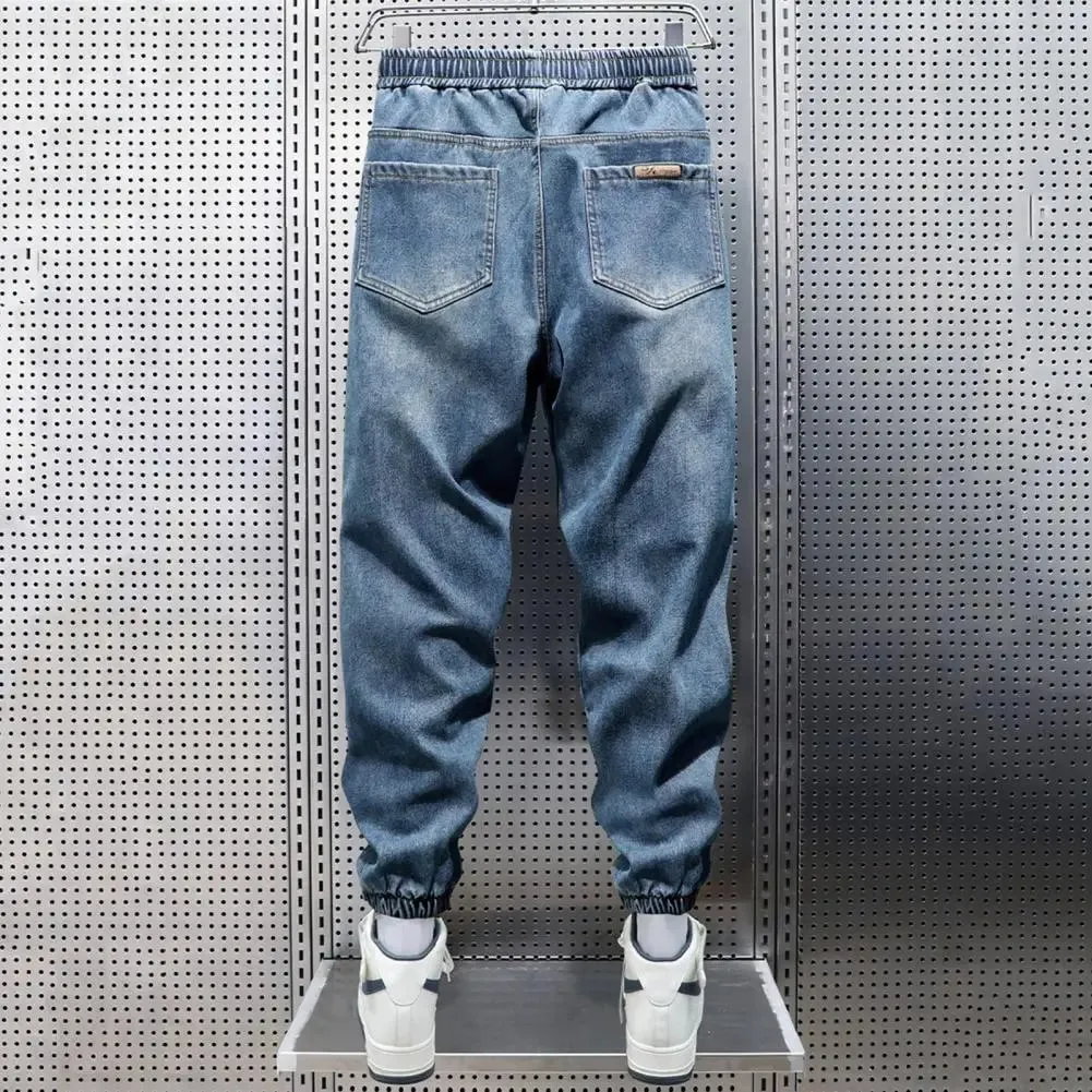 Harem Jeans with Leg Bindings Pockets Elastic Waist Adjustable Drawstrings Men Jeans Solid Color Street Style Jogger Pants