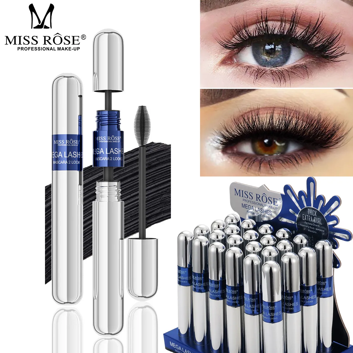 Sort Mascara Sæt Stort børstehoved Volumengivende Forlængende Curling Mascara Vandtæt øjenvipper Primer Øjenmakeup Kosmetik