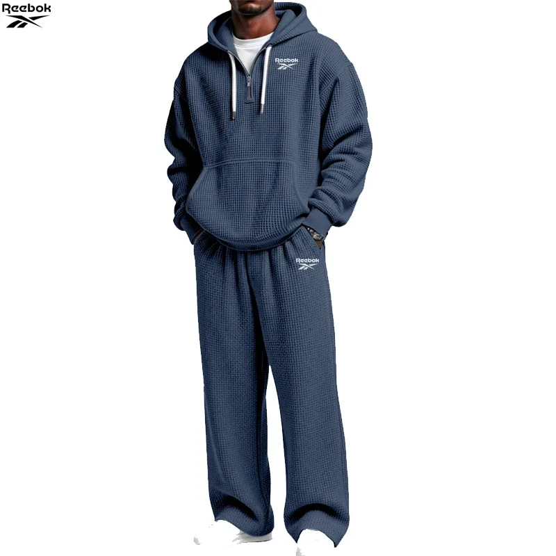 2026 Reebok Brand Spring-Autumn Men's Hooded Sweatshirt Set - Retro Solid Color Loose Fit Street Style Half-Zip Hooded Shirt - C — image 4