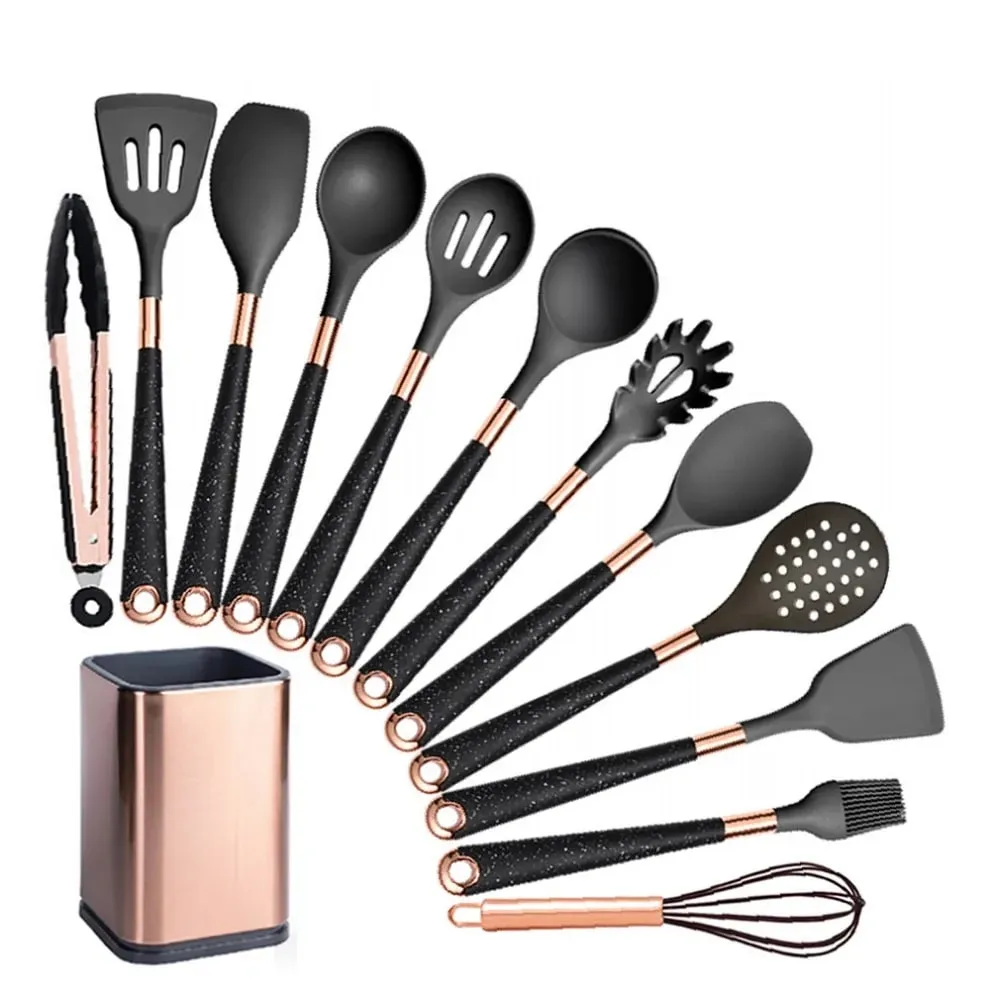 Silicone Cooking Utensils Set Non-Scratch Non-Stick Heat Resistant Spatula Spoon Rose Gold Handle With Bucket Kitchen Gift — image 16