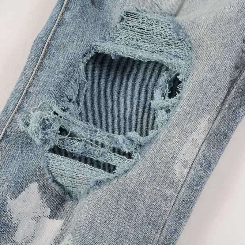 Blue High Street Holes Transparent Crystals Patchwork Stretch Slim Fit Rhinestones Patches Distressed Ripped Graffiti Jeans Men