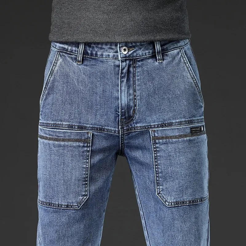 6 Pocket Design Denim Jeans Men's 2025 New High Elasticity Denim Casual Trousers Straight Male Pants Fashion Mid-waist Jeans — image 12
