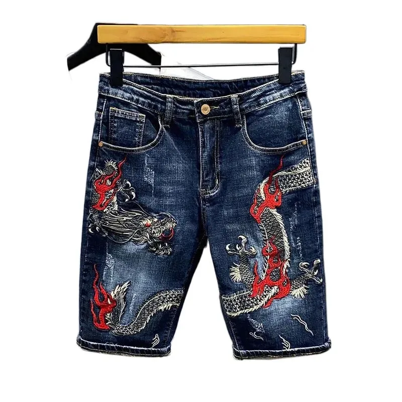 Men's Jeans Summer Dragon Embroidery Denim Shorts Fashion Street Styles Slim Fit Half Length Jean — image 6