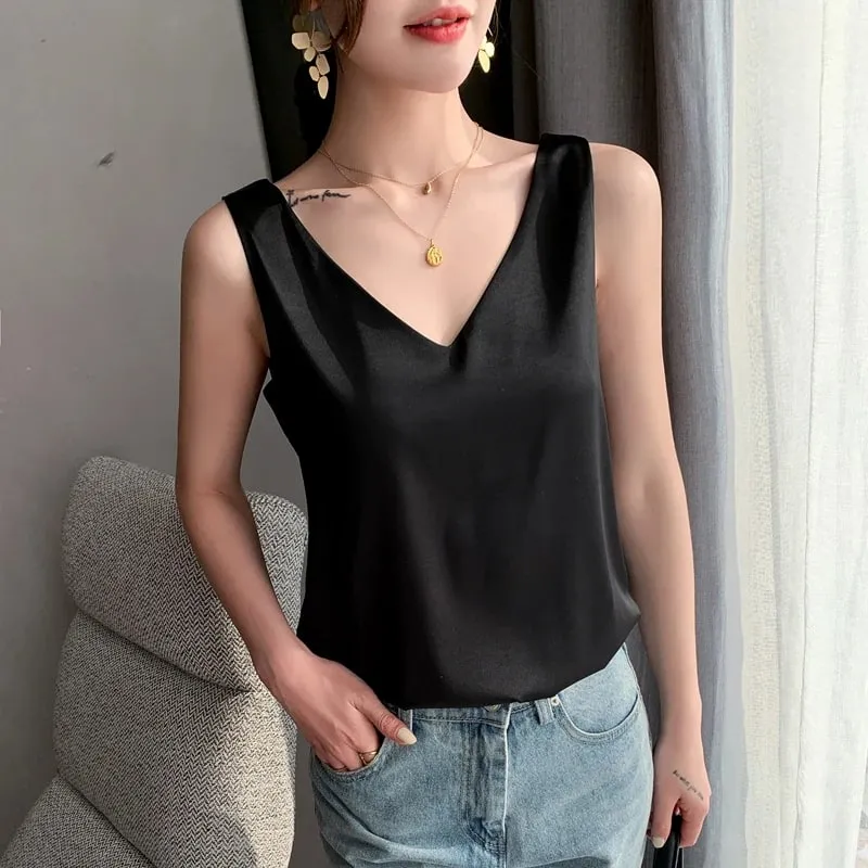 Ladies Silk Suspenders Solid Satin Vest Spring Autumn 2022 New Wild Pullover Tops Women Interior Front/Rear V-Neck Summer Thin — image 5