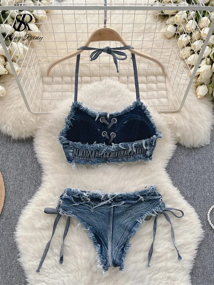 Retro Women Bikini Denim Suits Summer Halter Camis+ Mini Pant Lingerie Fashion Vacation Swimsuits Sexy Bra&Briefs Sets — image 2
