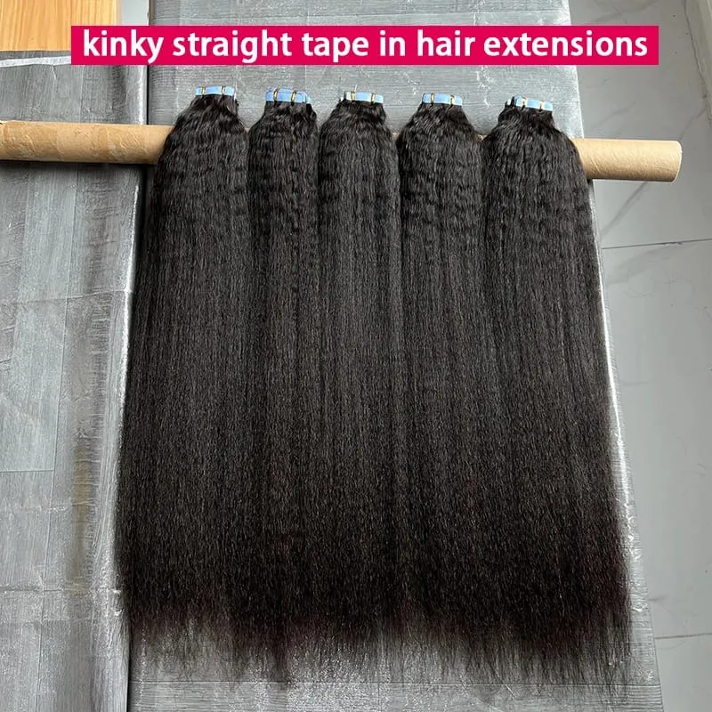 Kinky ตรงเทปที่มองไม่เห็นในส่วนขยายของผม 100% ดิบ Virgin Human Hair กาวไม่มีรอยต่อ PU ผิว Weft Full Head 40 pcs — image 2
